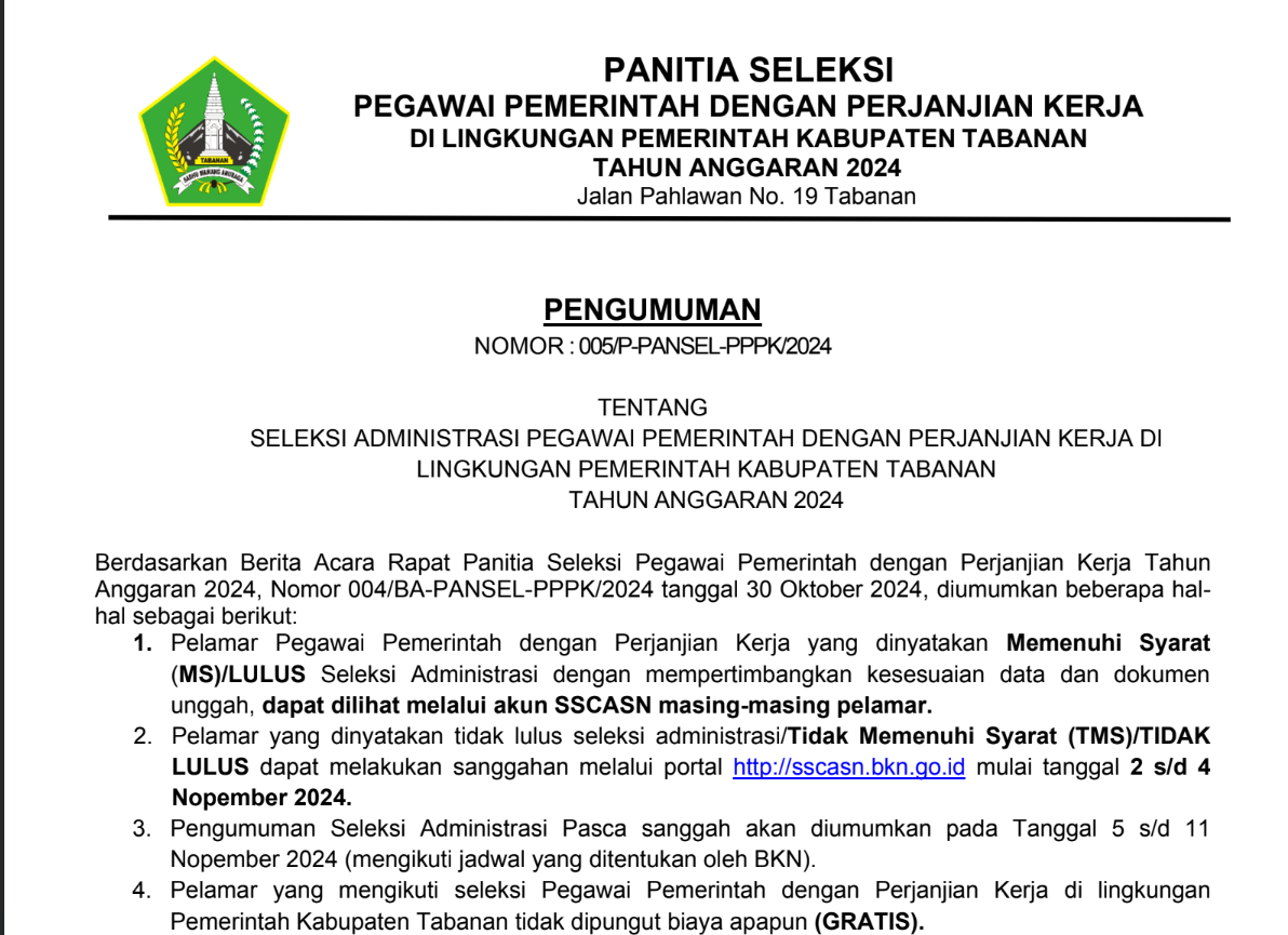 Pengumuman Seleksi Administrasi Pegawai Pemerintah Dengan Perjanjian Kerja Di Lingkungan Pemerintah Kabupaten Tabanan Tahun Anggaran 2024